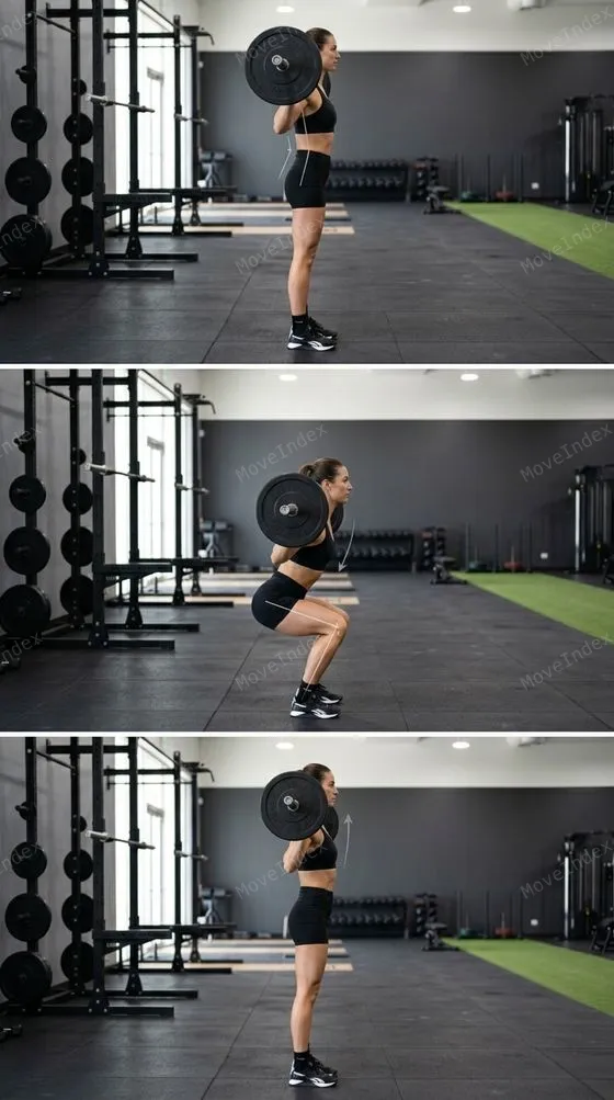 Barbell Back Squat exercise image, female athlete, 3 sequential frames