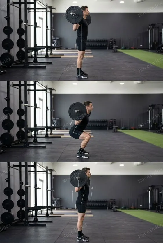 Barbell Back Squat demonstrated in 3 sequential frames
