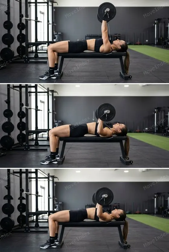 Barbell Bench Press exercise image, female athlete, 2 sequential frames