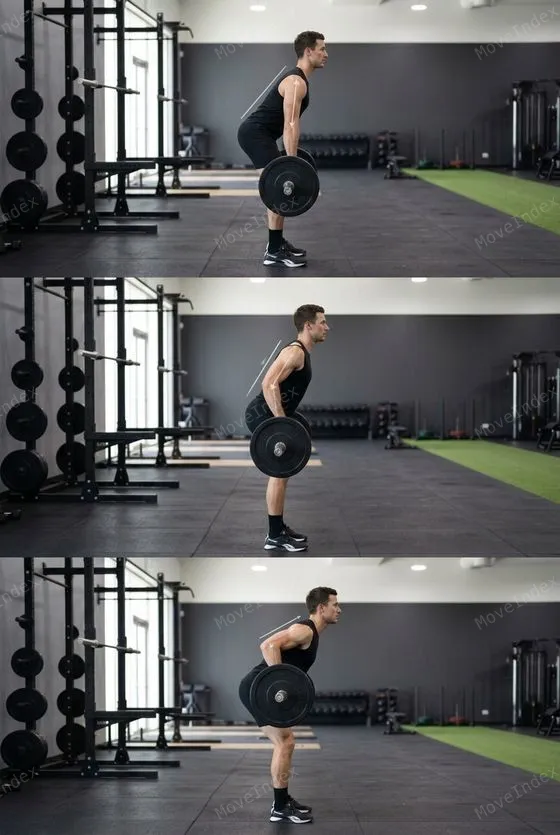 Barbell Row demonstrated in 2 sequential frames