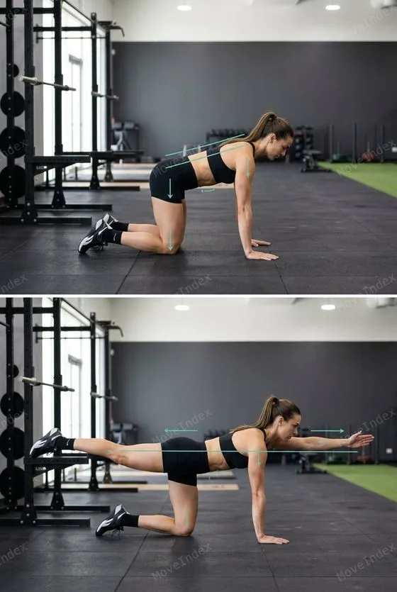 Bird Dog exercise image, female athlete, 2 sequential frames