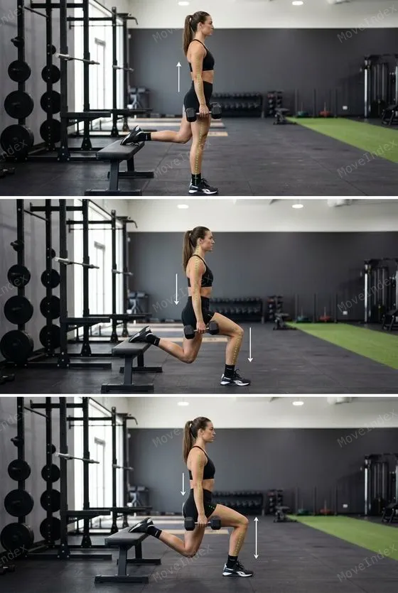 Bulgarian Split Squat (DB) exercise image, female athlete, 2 sequential frames