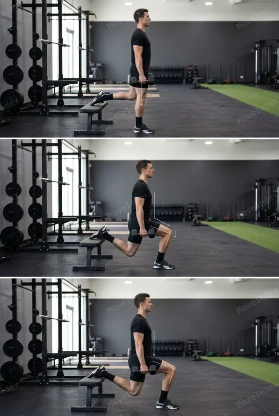 Bulgarian Split Squat (DB) demonstrated in 2 sequential frames