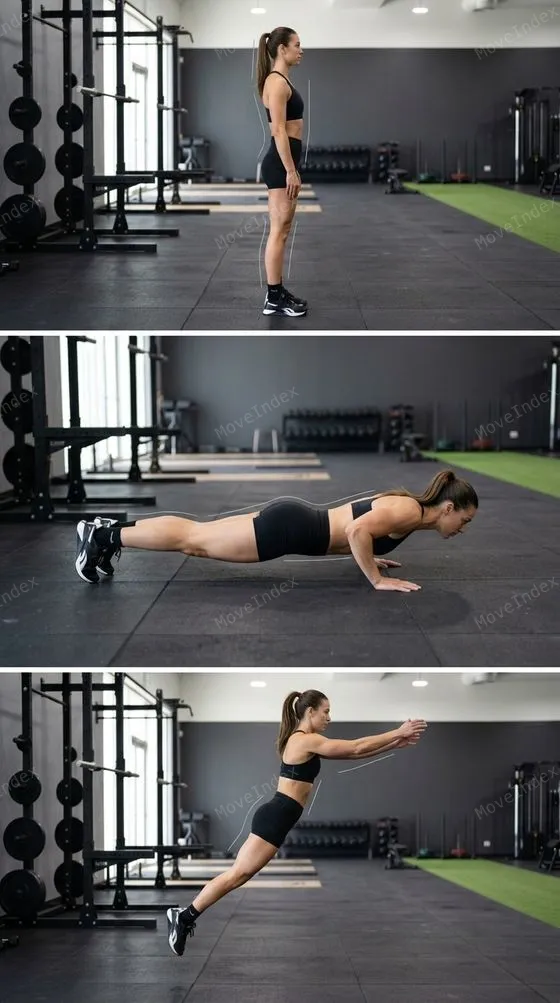 Burpee Broad Jump exercise image, female athlete, 3 sequential frames