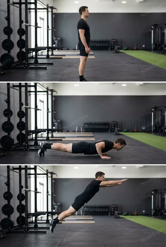 Burpee Broad Jump demonstrated in 3 sequential frames