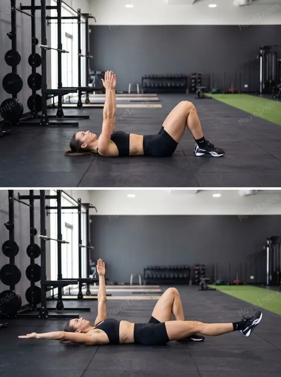 Dead Bug exercise image, female athlete, 2 sequential frames