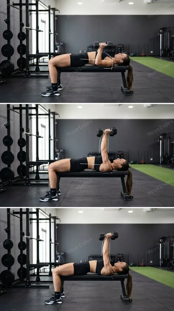 Dumbbell Bench Press exercise image, female athlete, 2 sequential frames