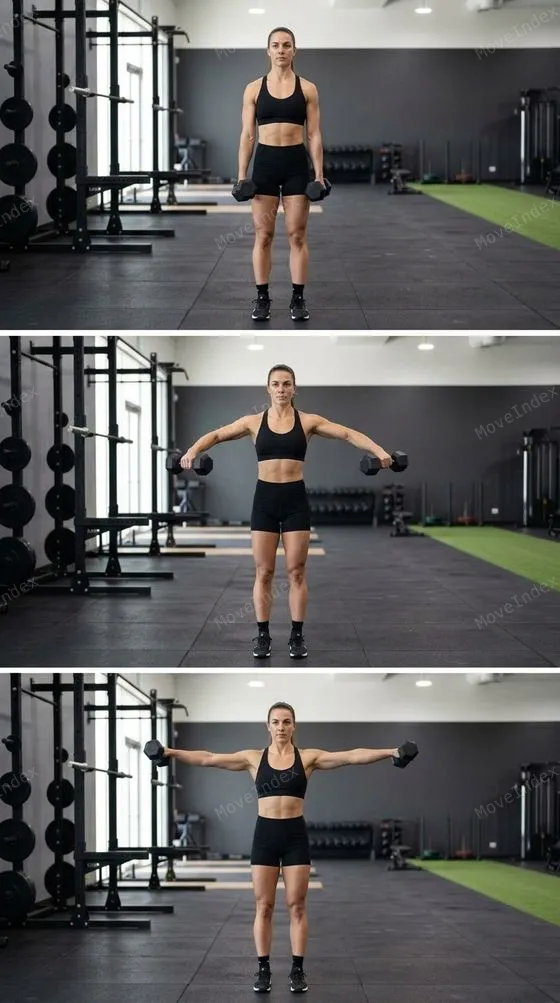 Dumbbell Lateral Raise exercise image, female athlete, 2 sequential frames