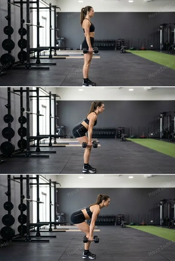 Dumbbell Romanian Deadlift exercise image, female athlete, 3 sequential frames
