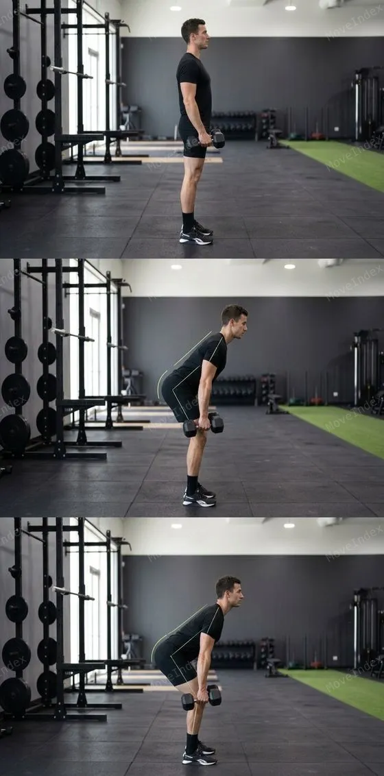 Dumbbell Romanian Deadlift demonstrated in 3 sequential frames