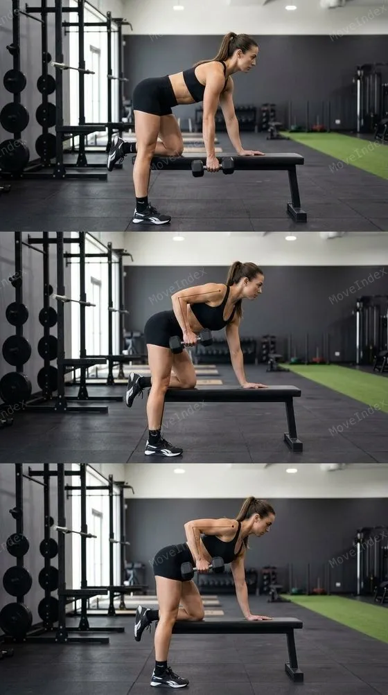 Dumbbell Row exercise image, female athlete, 2 sequential frames