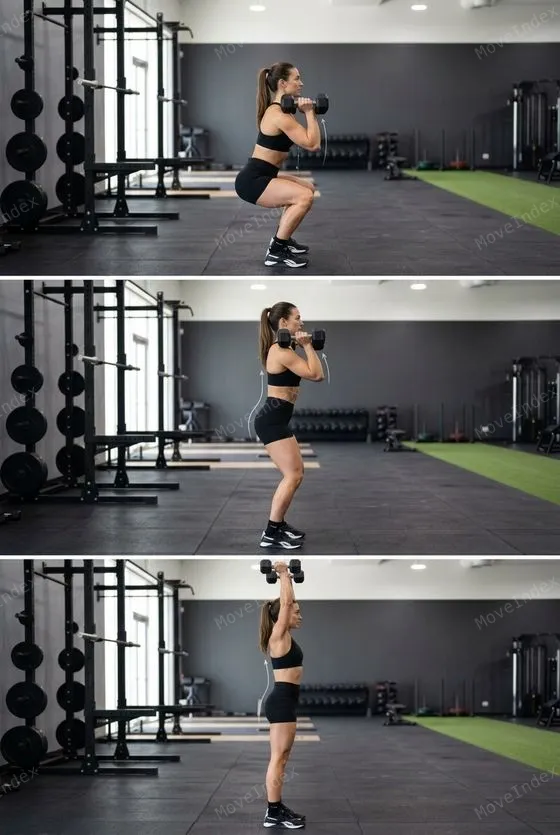 Dumbbell Thruster exercise image, female athlete, 3 sequential frames