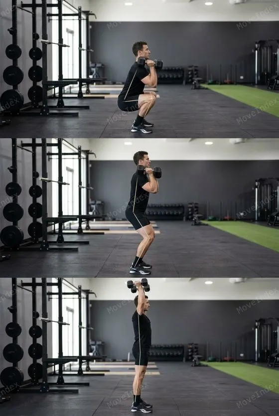 Dumbbell Thruster demonstrated in 3 sequential frames