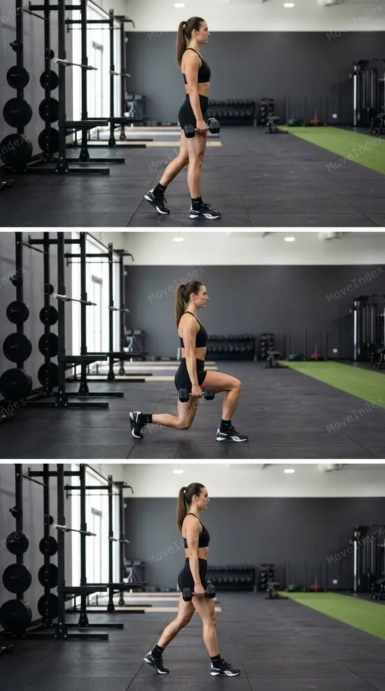 Dumbbell Walking Lunge exercise image, female athlete, 2 sequential frames