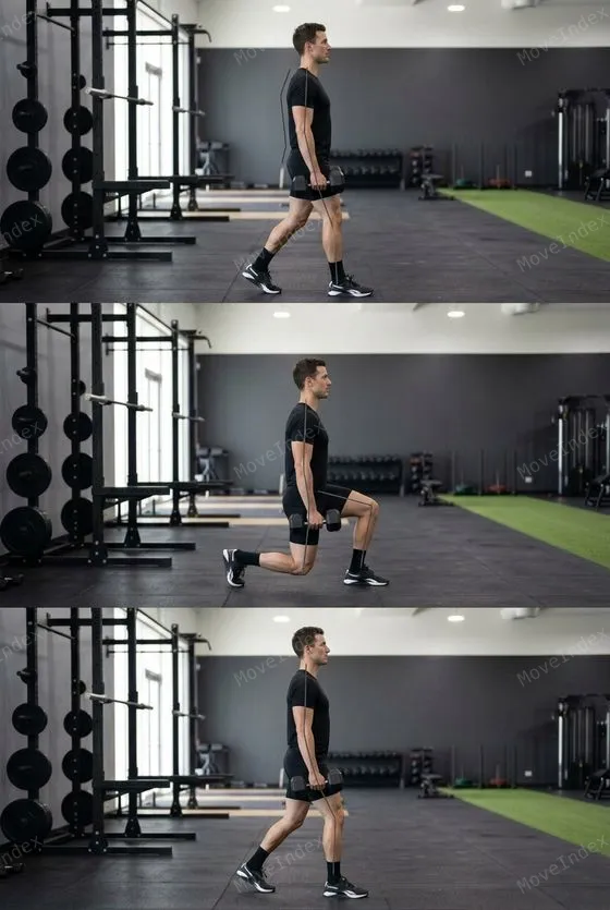 Dumbbell Walking Lunge demonstrated in 2 sequential frames