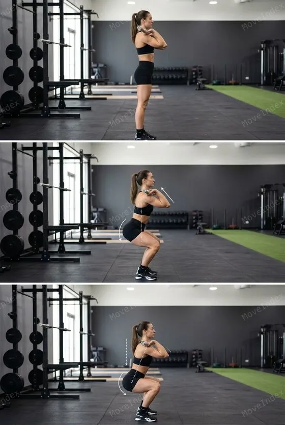 Front Squat exercise image, female athlete, 3 sequential frames