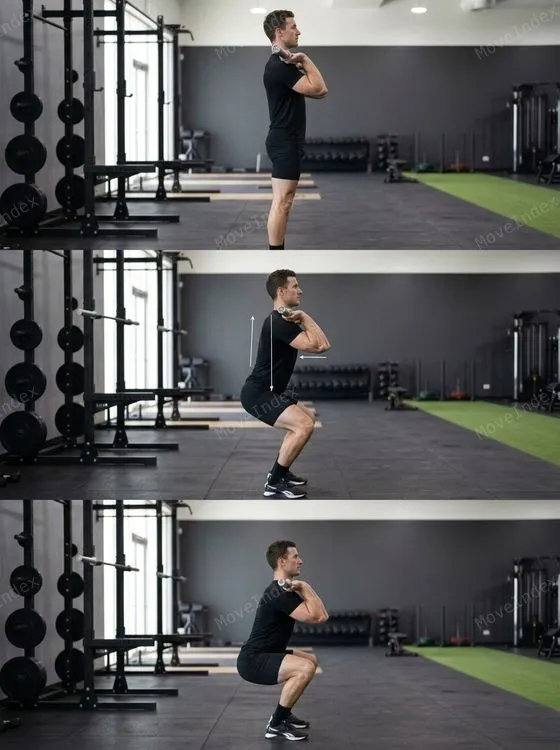 Front Squat demonstrated in 3 sequential frames
