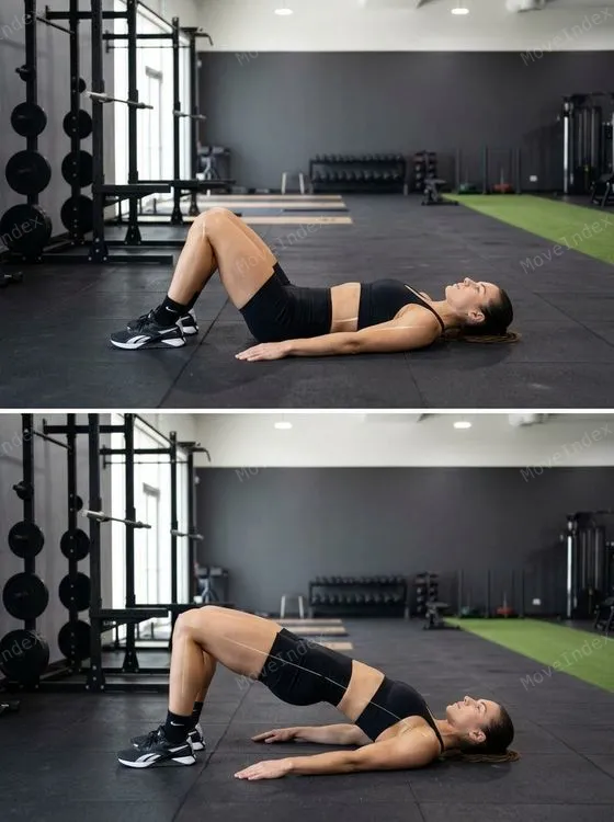 Glute Bridge exercise image, female athlete, 2 sequential frames