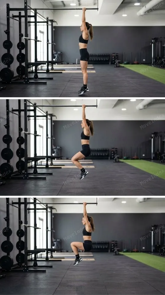 Hanging Knee Raise exercise image, female athlete, 2 sequential frames