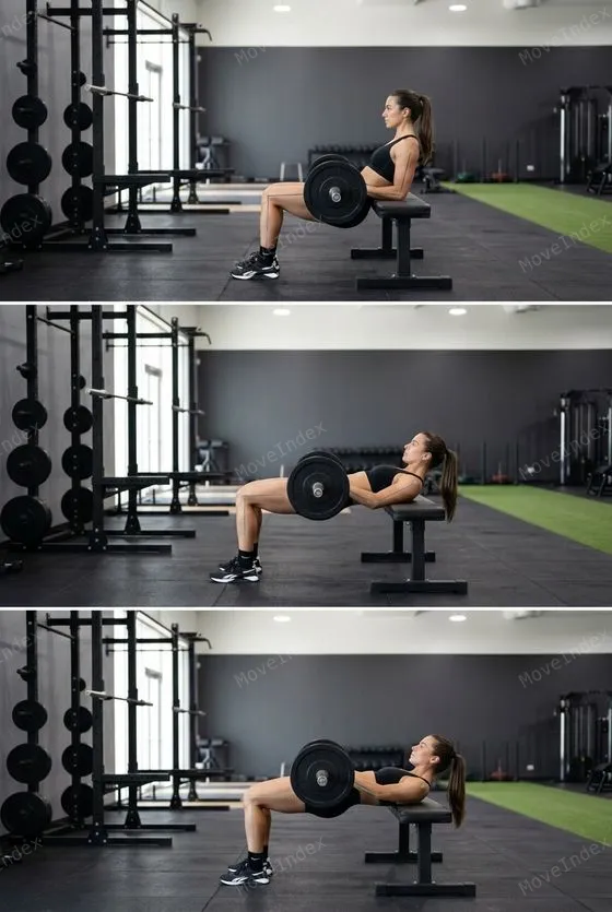 Hip Thrust exercise image, female athlete, 2 sequential frames