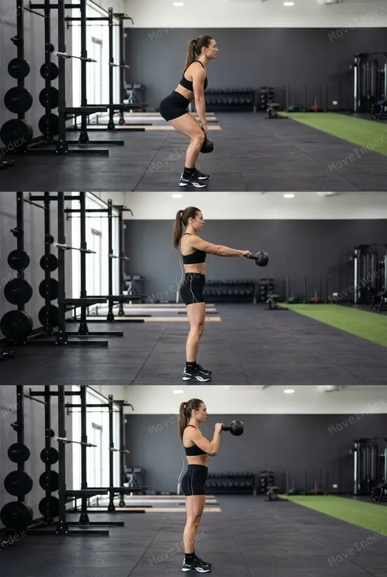Kettlebell Swing exercise image, female athlete, 3 sequential frames