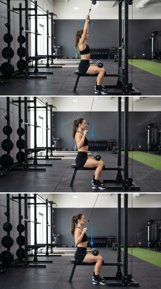 Lat Pulldown exercise image, female athlete, 2 sequential frames