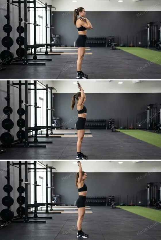 Overhead Press exercise image, female athlete, 2 sequential frames