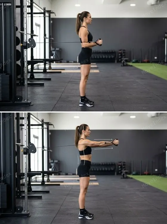 Pallof Press exercise image, female athlete, 2 sequential frames