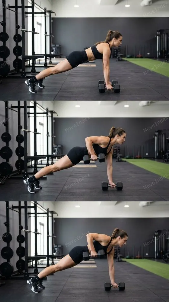 Renegade Row exercise image, female athlete, 2 sequential frames