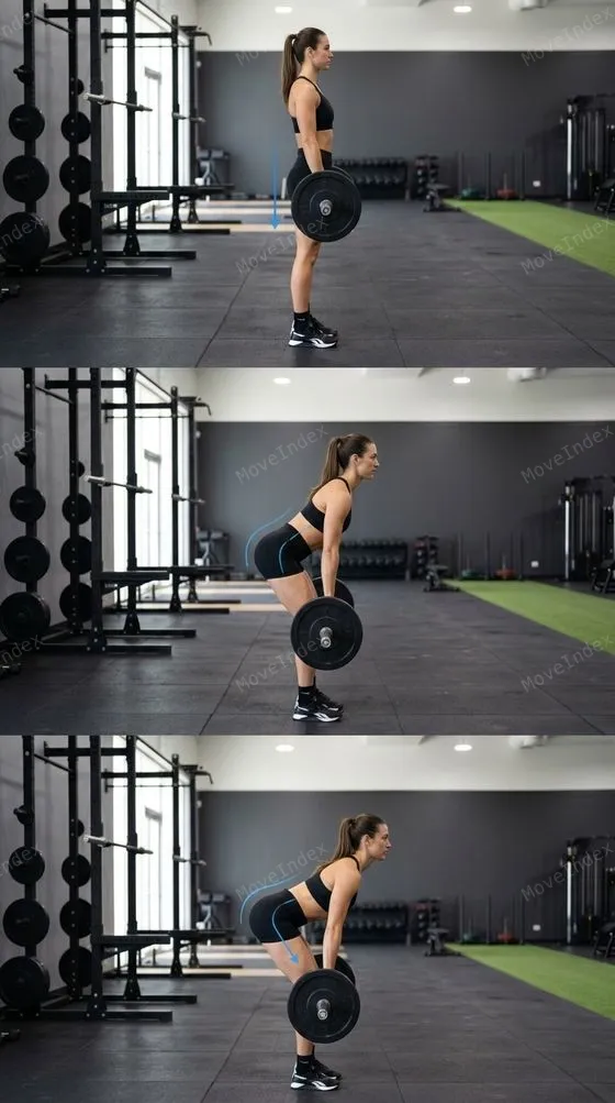 Romanian Deadlift exercise image, female athlete, 3 sequential frames