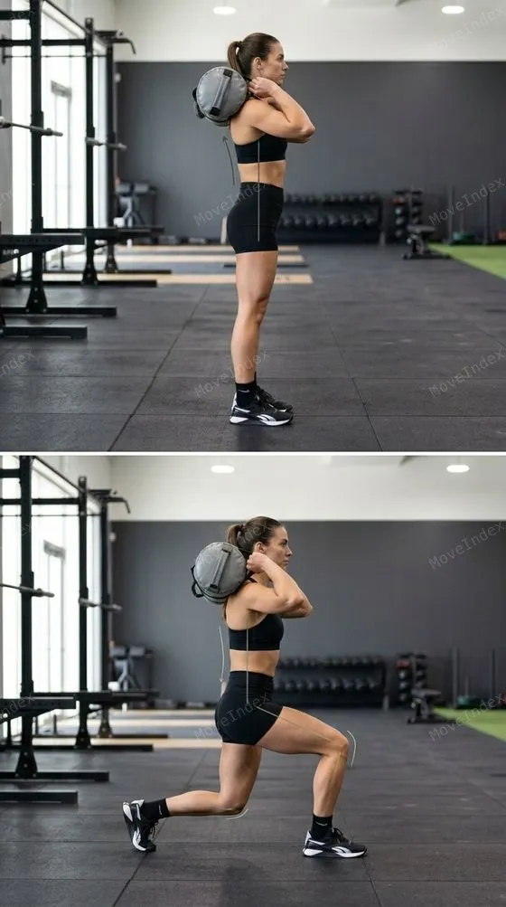 Sandbag Carry exercise image, female athlete, 2 sequential frames