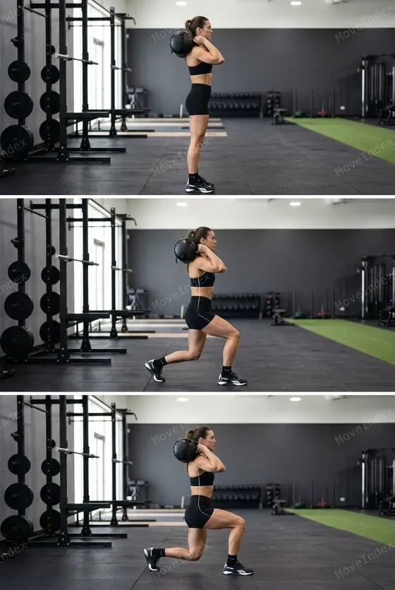 Sandbag Walking Lunges exercise image, female athlete, 2 sequential frames