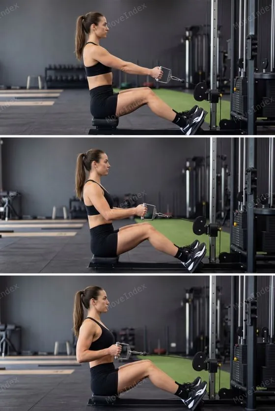 Seated Cable Row exercise image, female athlete, 2 sequential frames