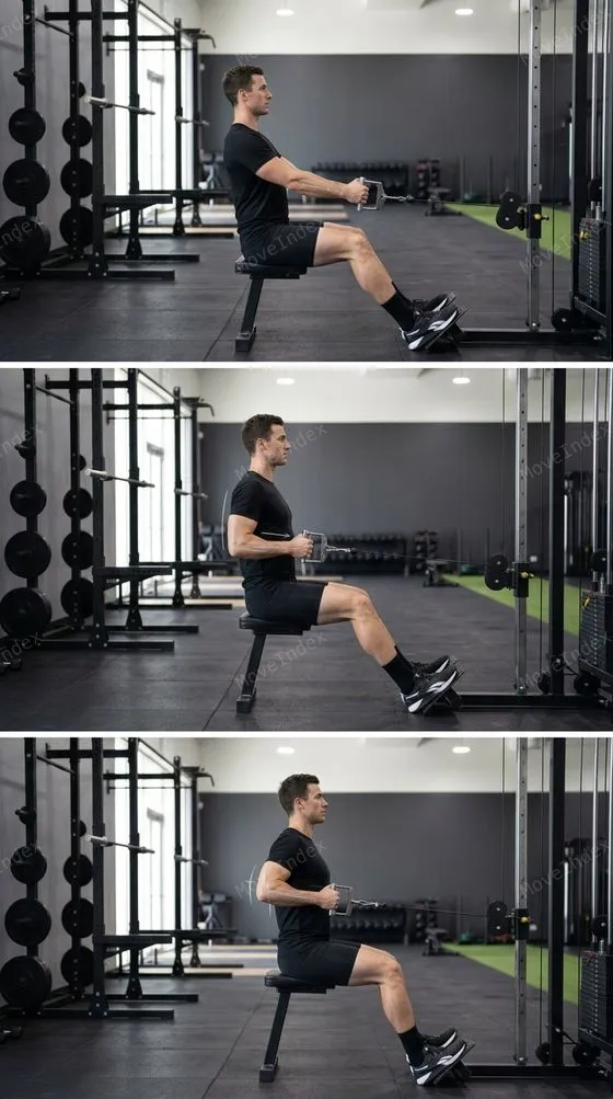 Seated Cable Row demonstrated in 2 sequential frames