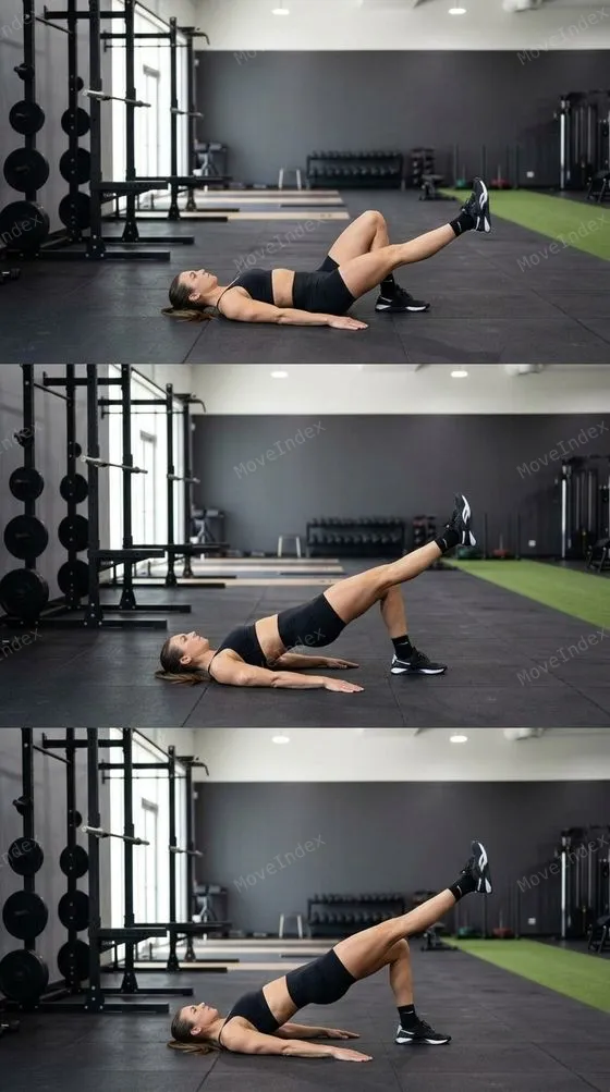 Single-Leg Glute Bridge exercise image, female athlete, 2 sequential frames