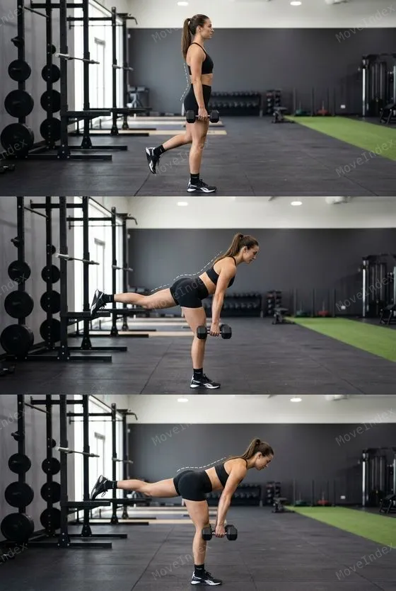 Single-Leg Romanian Deadlift (DB) exercise image, female athlete, 2 sequential frames