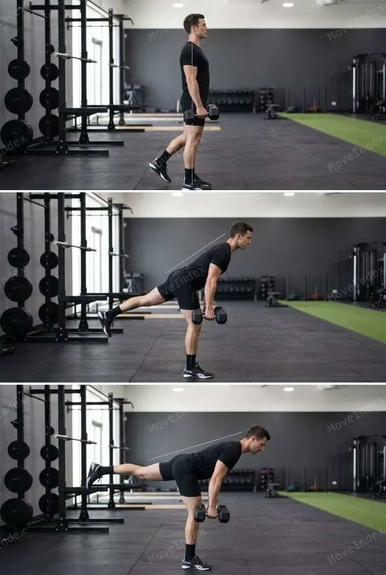 Single-Leg Romanian Deadlift (DB) demonstrated in 2 sequential frames