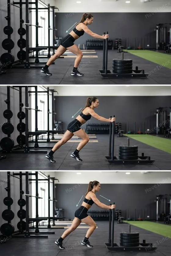 Sled Push exercise image, female athlete, 2 sequential frames