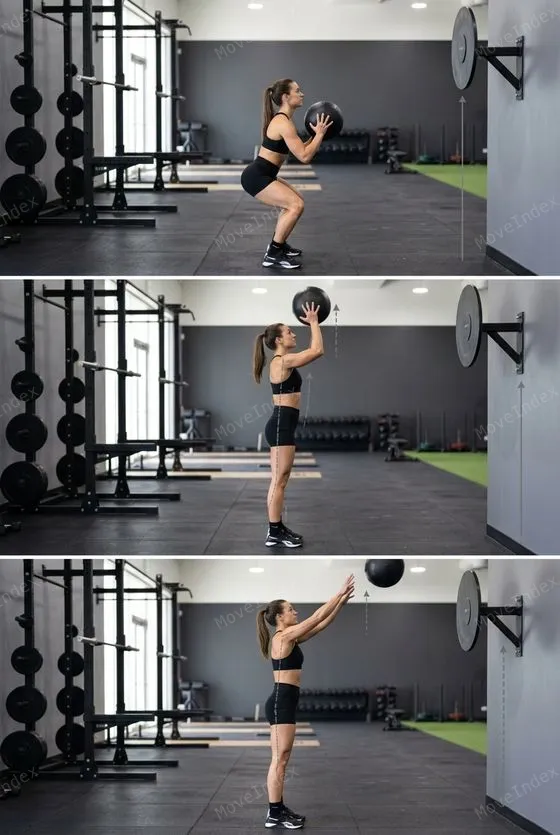Wall Balls exercise image, female athlete, 3 sequential frames